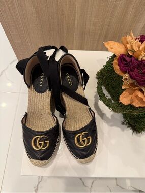 Gucci Black Leather Marmont Espadrille Wedge Sandals with GG Logo